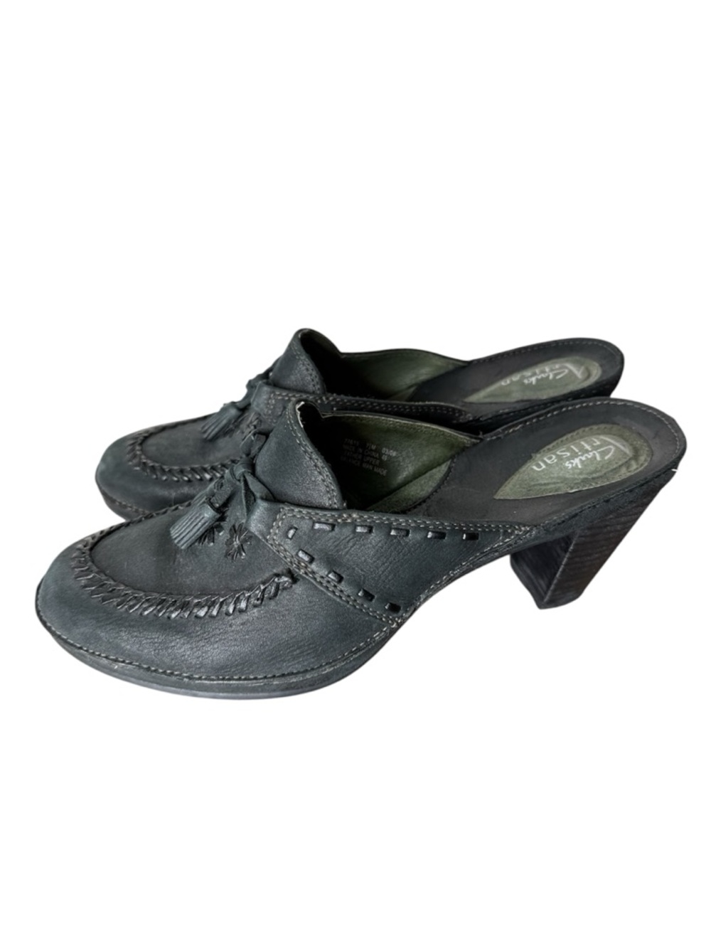 CLARKS ARTISAN Black Leather Slip On Loafer Mules Clogs Heel Tassel Size 7.5
